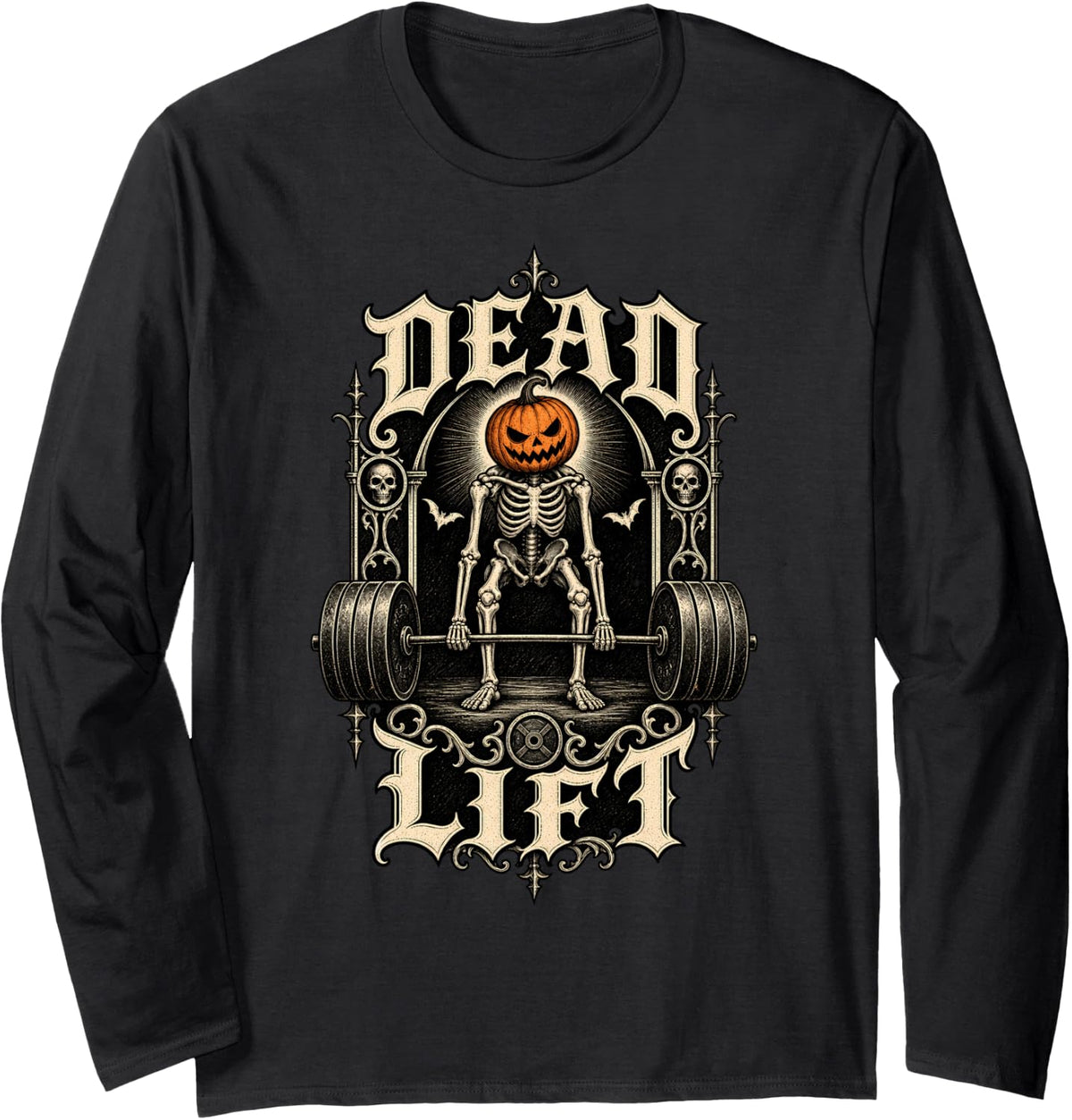 Deadlift Jack O Lantern Skeleton Weight Lifting Workout Long Sleeve T-Shirt - Adult Unisex Black