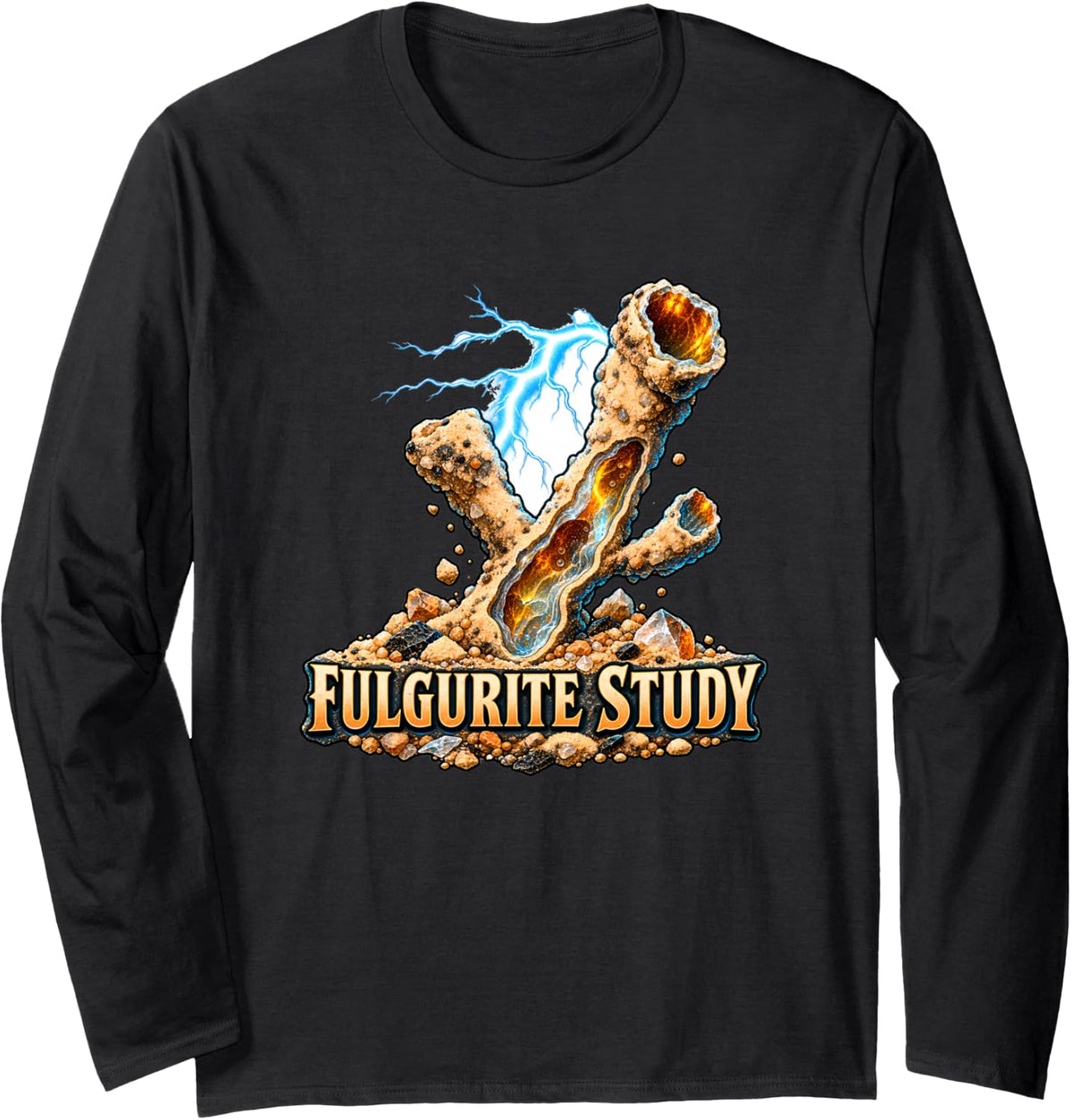 Fulgurite Study Lightning-Fused Sand Tube Long Sleeve T-Shirt - Adult Unisex Black