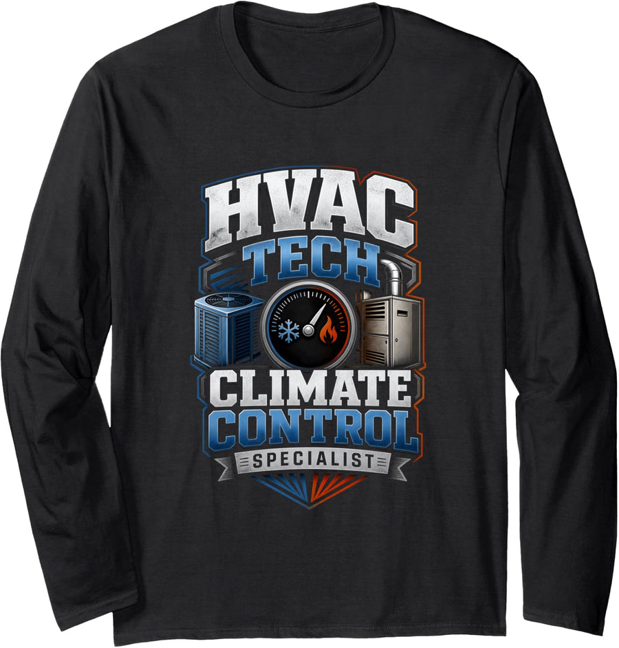 HVAC Technician Heating Cooling Climate Control Long Sleeve T-Shirt - Adult Unisex Black