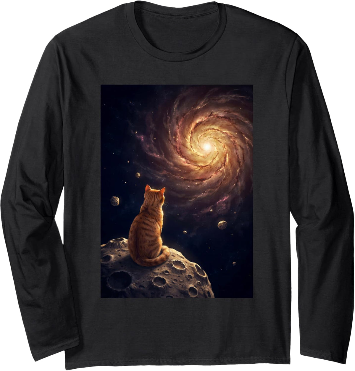 Orange Tabby Cat Watching Galaxy Space Cat Lover Astronomy Long Sleeve T-Shirt - Adult Unisex Black