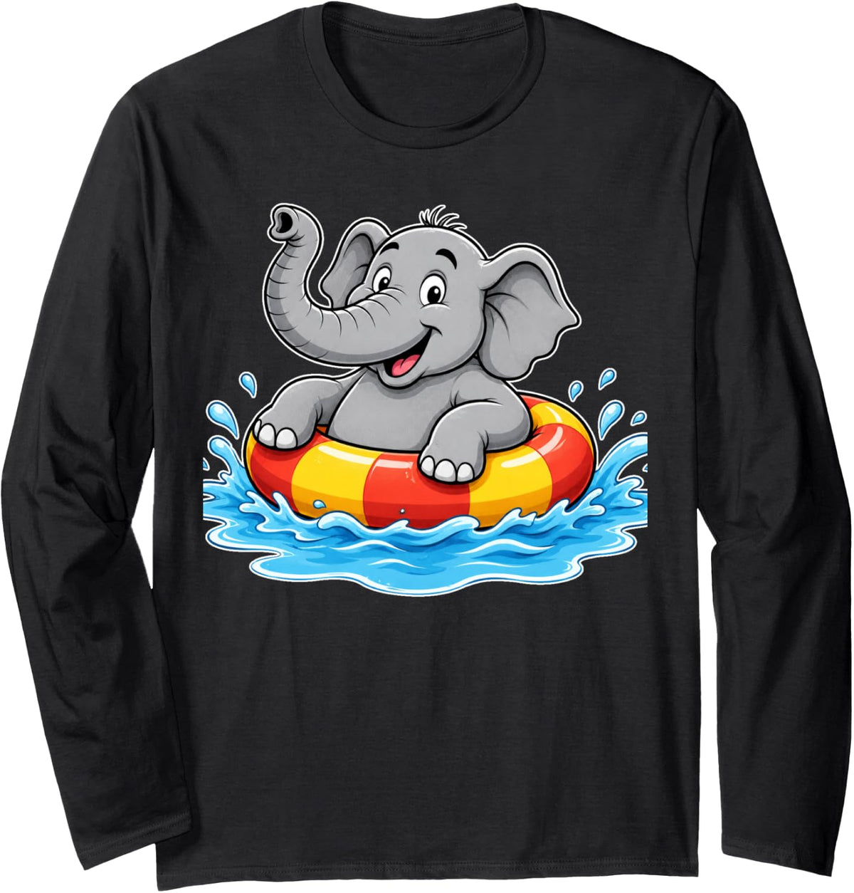 Elephant Swim Swimming Ring Funny Graphic Long Sleeve T-Shirt - Adult Unisex Black