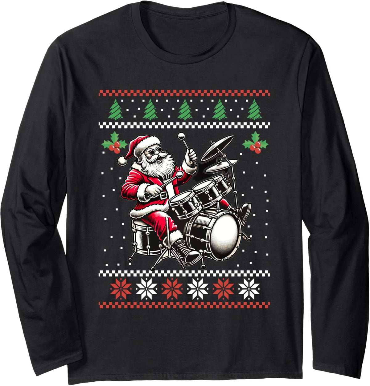 Drummer Santa Playing Drums Ugly Christmas Sweater Xmas Long Sleeve T-Shirt - Adult Unisex Black