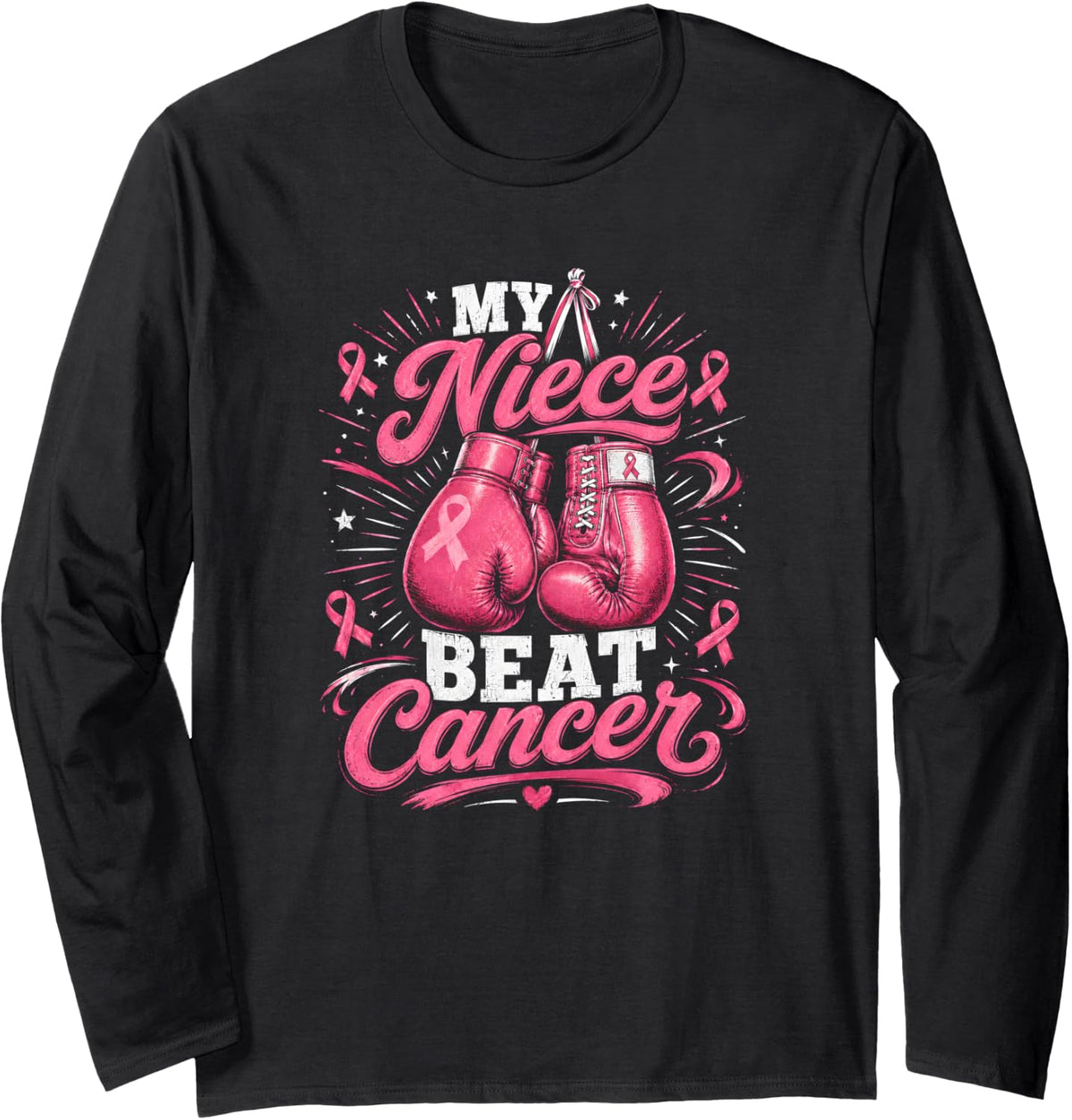 My Niece Beat Cancer Breast Cancer Boxing Gloves Long Sleeve T-Shirt - Adult Unisex Black