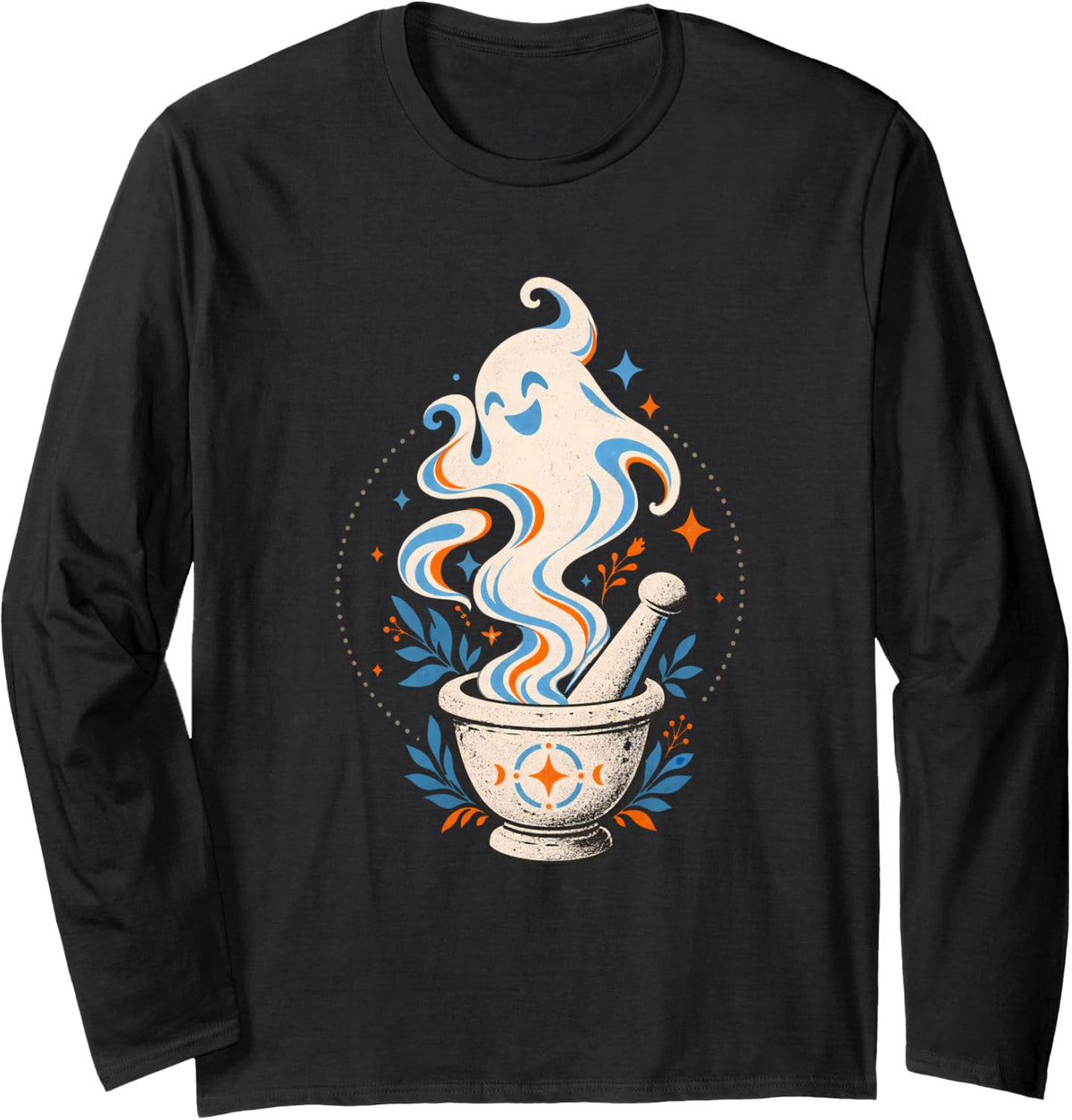 Pharmacy Tech Halloween Ghost Mortar Pestle Funny Long Sleeve T-Shirt - Adult Unisex Black