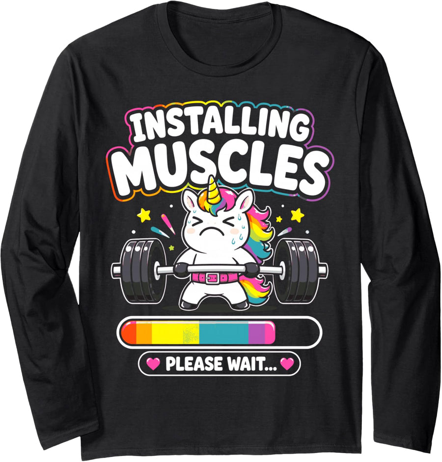 Installing Muscles Weightlifting Unicorn Deadlift Workout Long Sleeve T-Shirt - Adult Unisex Black