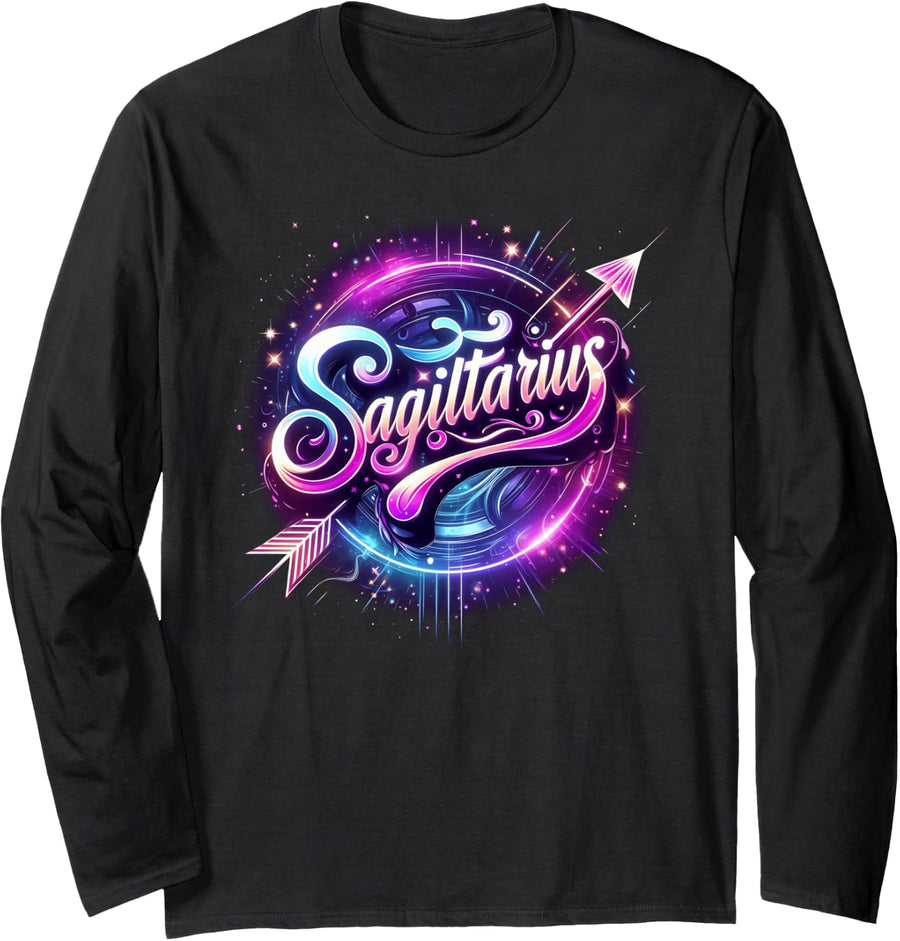 Sagittarius Zodiac Star Sign Cosmic Astrology Long Sleeve T-Shirt - Adult Unisex Black