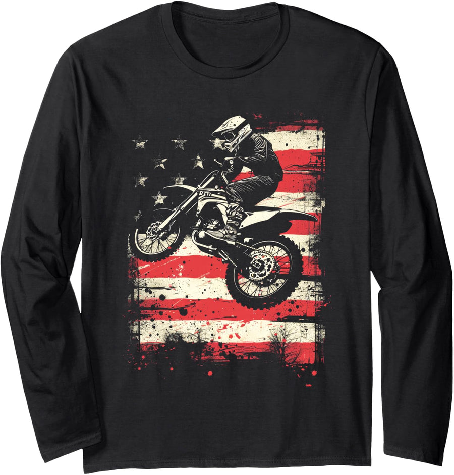 Bike American Flag Vintage Usa Motocross Long Sleeve T-Shirt - Adult Unisex Black