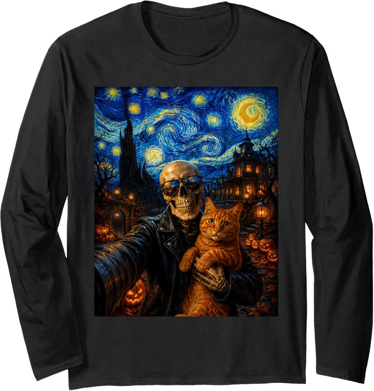 Halloween Skeleton Hugs Ginger Cat Van Gogh Starry Night Long Sleeve T-Shirt - Adult Unisex Black