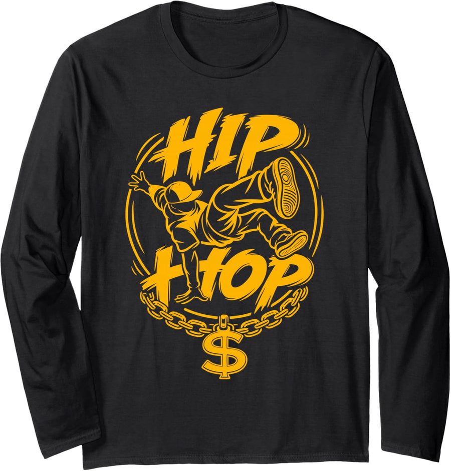 Gold Necklace with Dollar Sign Hip hop Rap Rap Music Long Sleeve T-Shirt - Adult Unisex Black