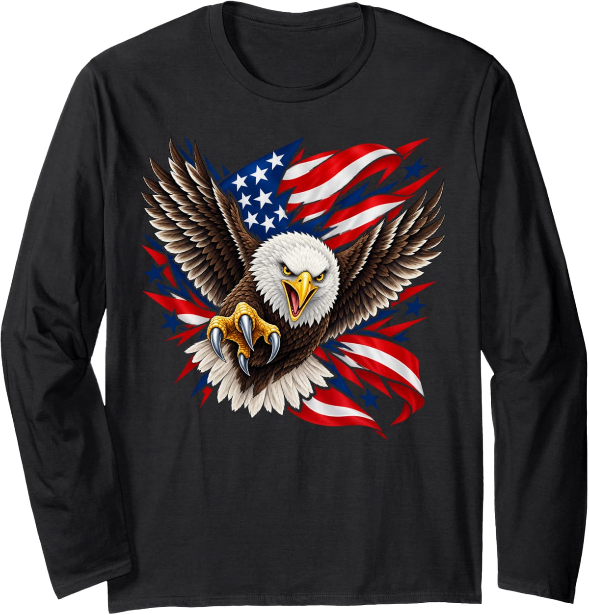 Bald Eagle Screech American Flag Patriotic Long Sleeve T-Shirt - Adult Unisex Black