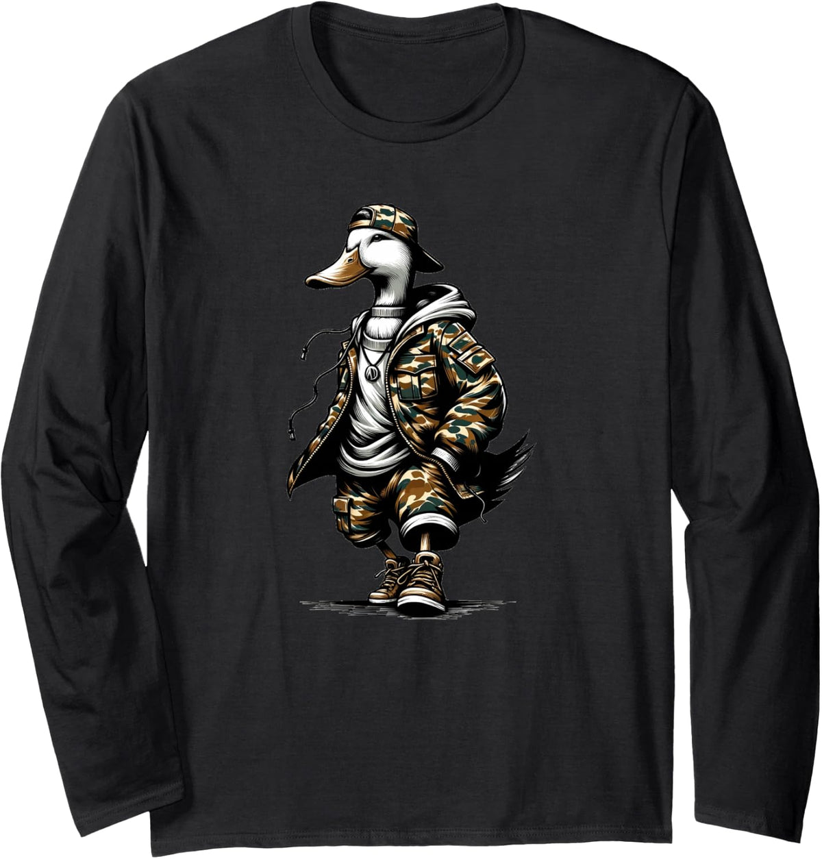 Commander Duck Camouflage Mallard Waterfowl Hunting Long Sleeve T-Shirt - Adult Unisex Black