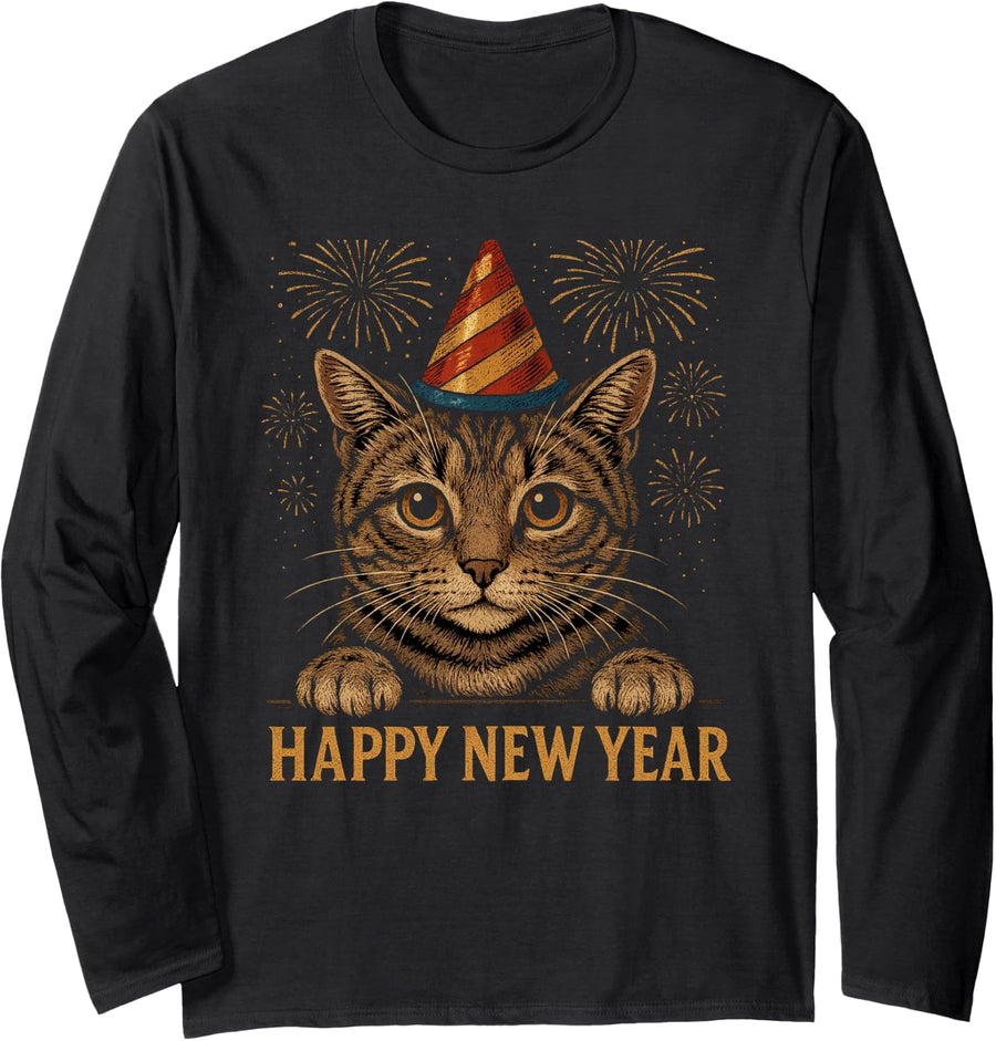 Funny Happy New Year 2026 Cat Peeking Eve Party New Years Long Sleeve T-Shirt - Adult Unisex Black