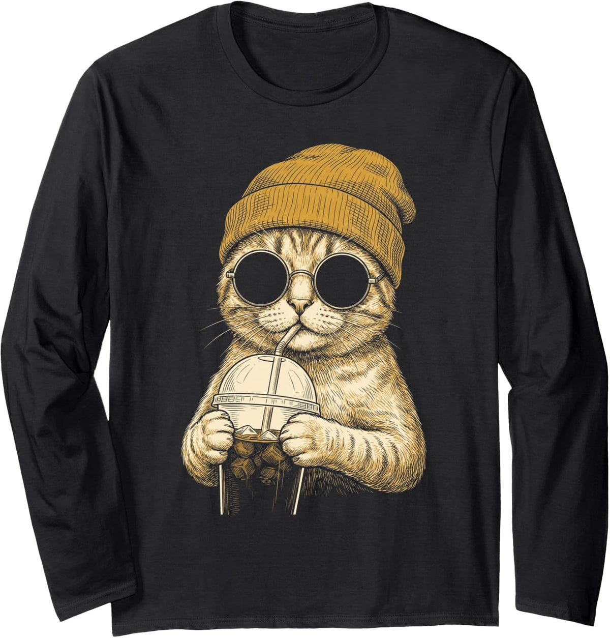Ginger Tabby Cat Drinking Iced Coffee Funny Hipster Long Sleeve T-Shirt - Adult Unisex Black