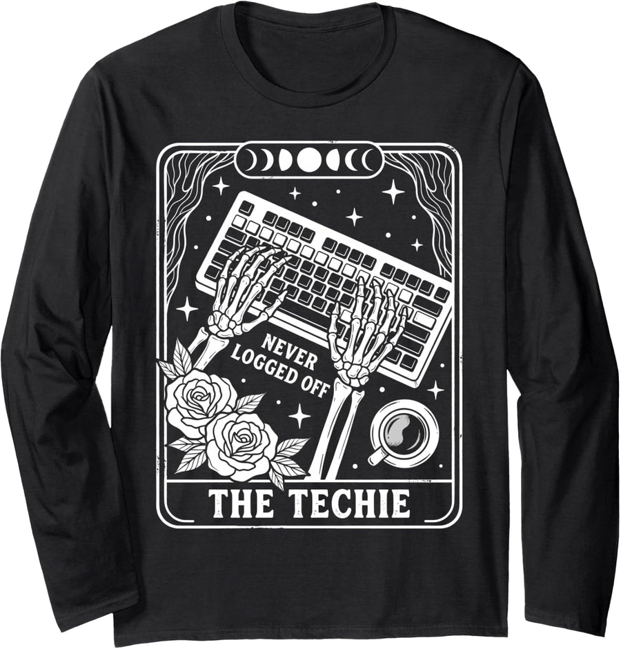 Never Logged Off Techie Tarot Skeleton Coder Coffee Long Sleeve T-Shirt - Adult Unisex Black