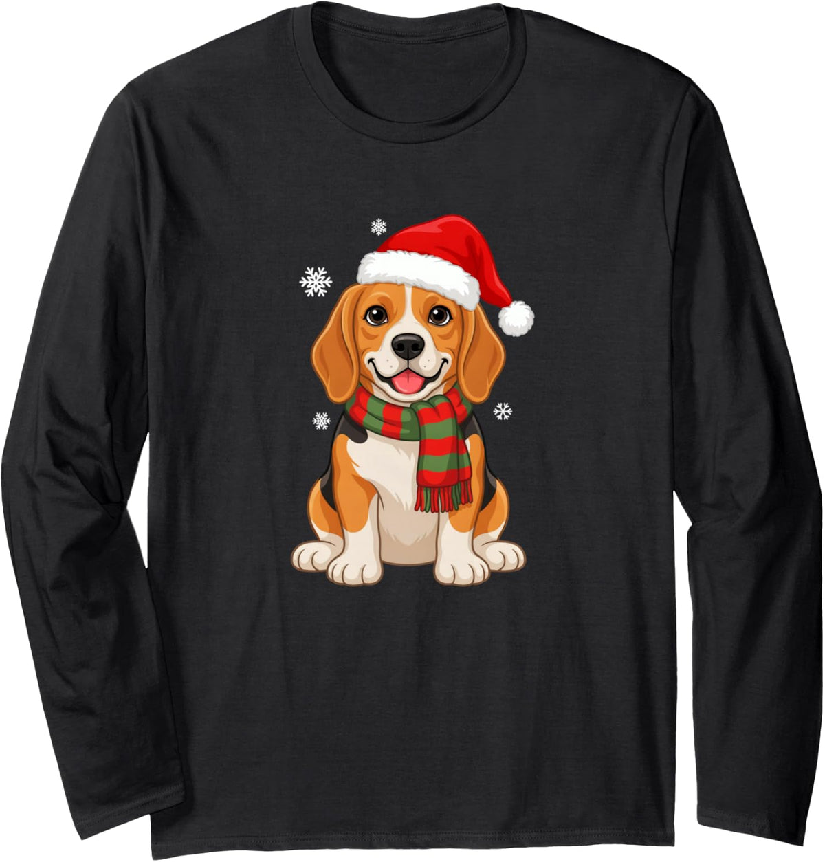 Beagle Holiday Santa Hat Scarf Snowflake Cheer Long Sleeve T-Shirt - Adult Unisex Black