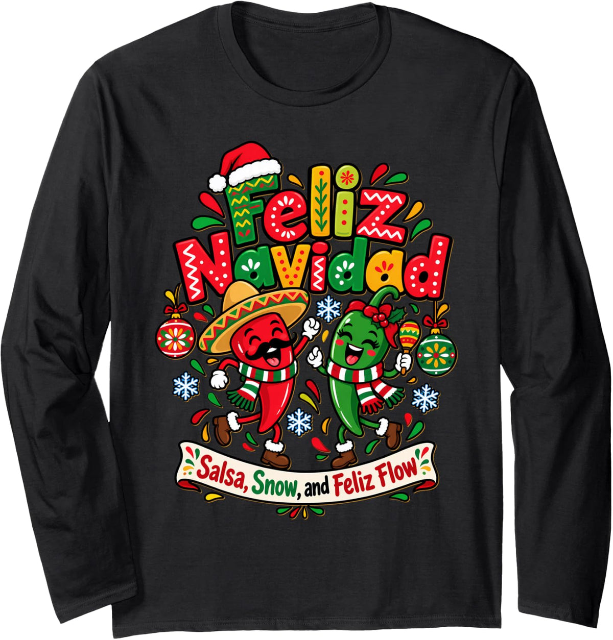 Feliz Navidad Spanish Christmas Mexican Food Funny Peppers Long Sleeve T-Shirt - Adult Unisex Black