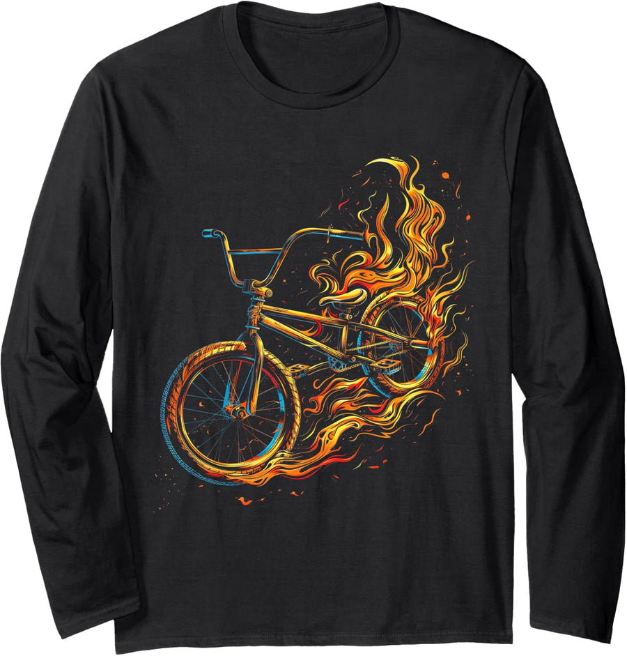 BMX Bike Flame Long Sleeve T-Shirt - Adult Unisex Black