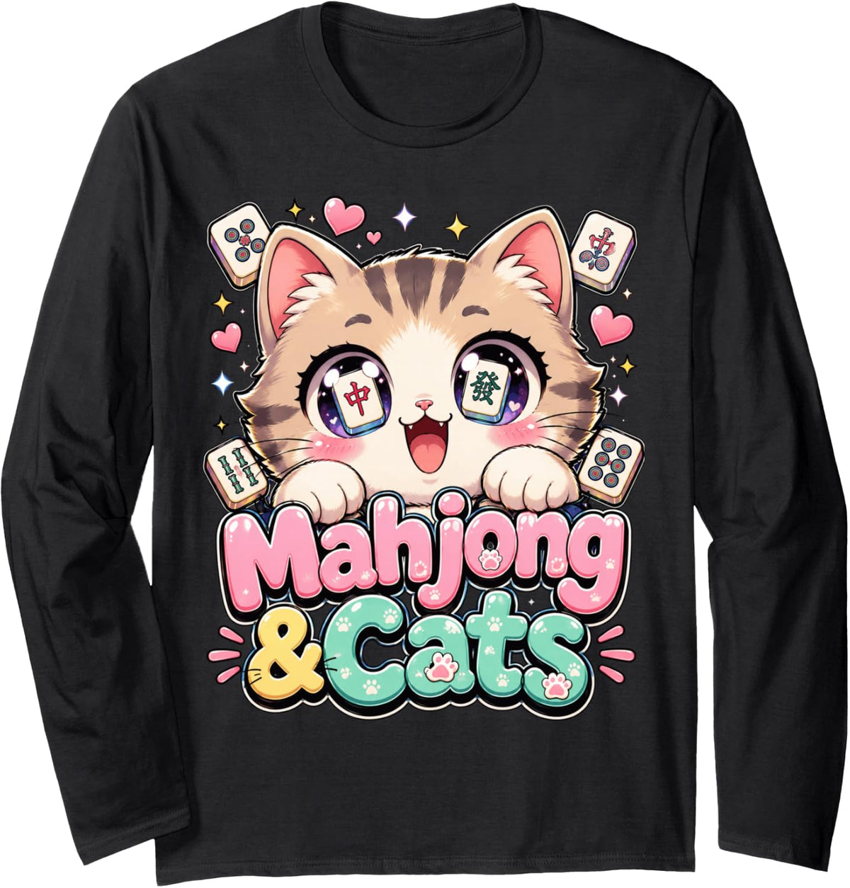 Mahjong Chinese Tile Game - Funny Mahjong & Cats Long Sleeve T-Shirt - Adult Unisex Black