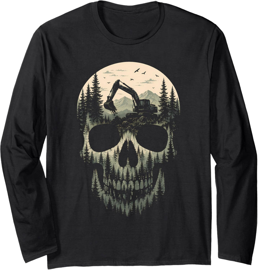 Heavy Equipment Operator Excavator Backhoe Skull Long Sleeve T-Shirt - Adult Unisex Black
