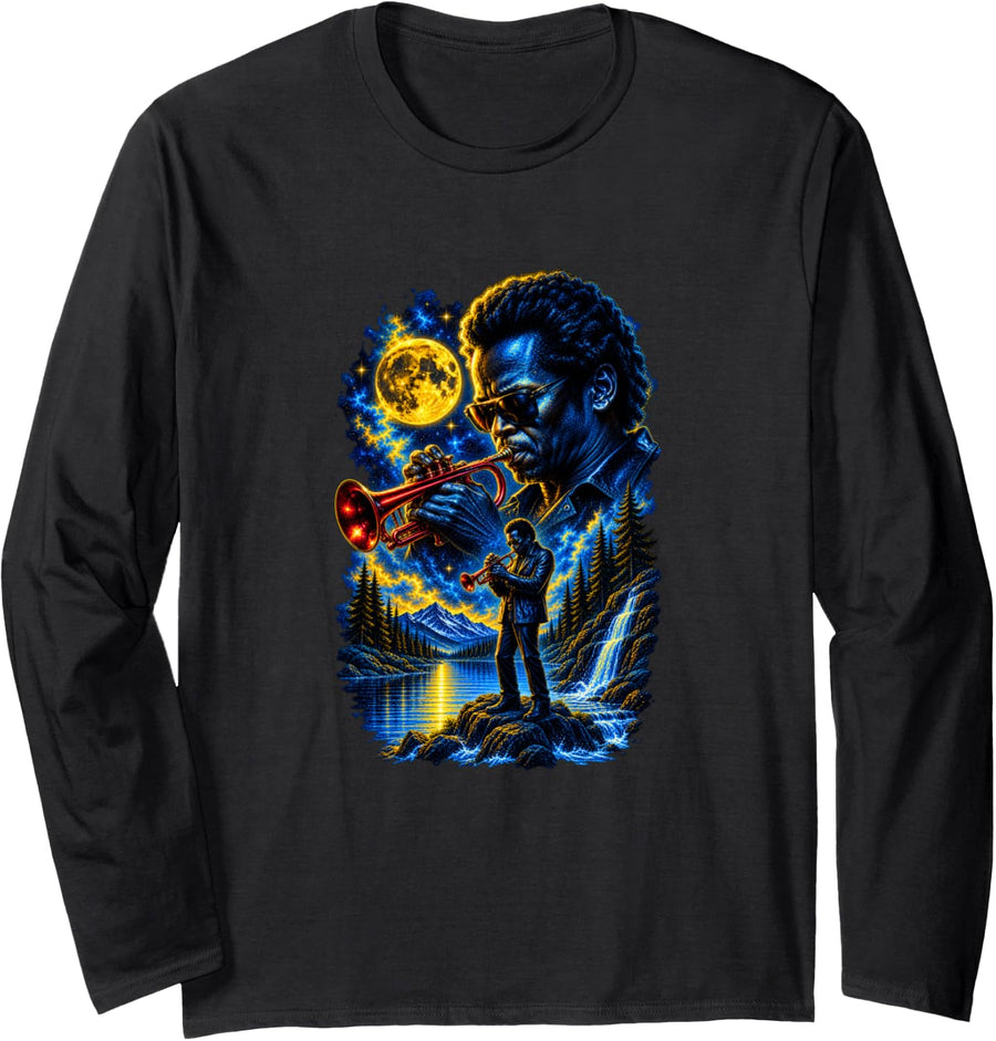 Psychedelic Jazz Trumpet Player Night Scene Long Sleeve T-Shirt - Adult Unisex Black