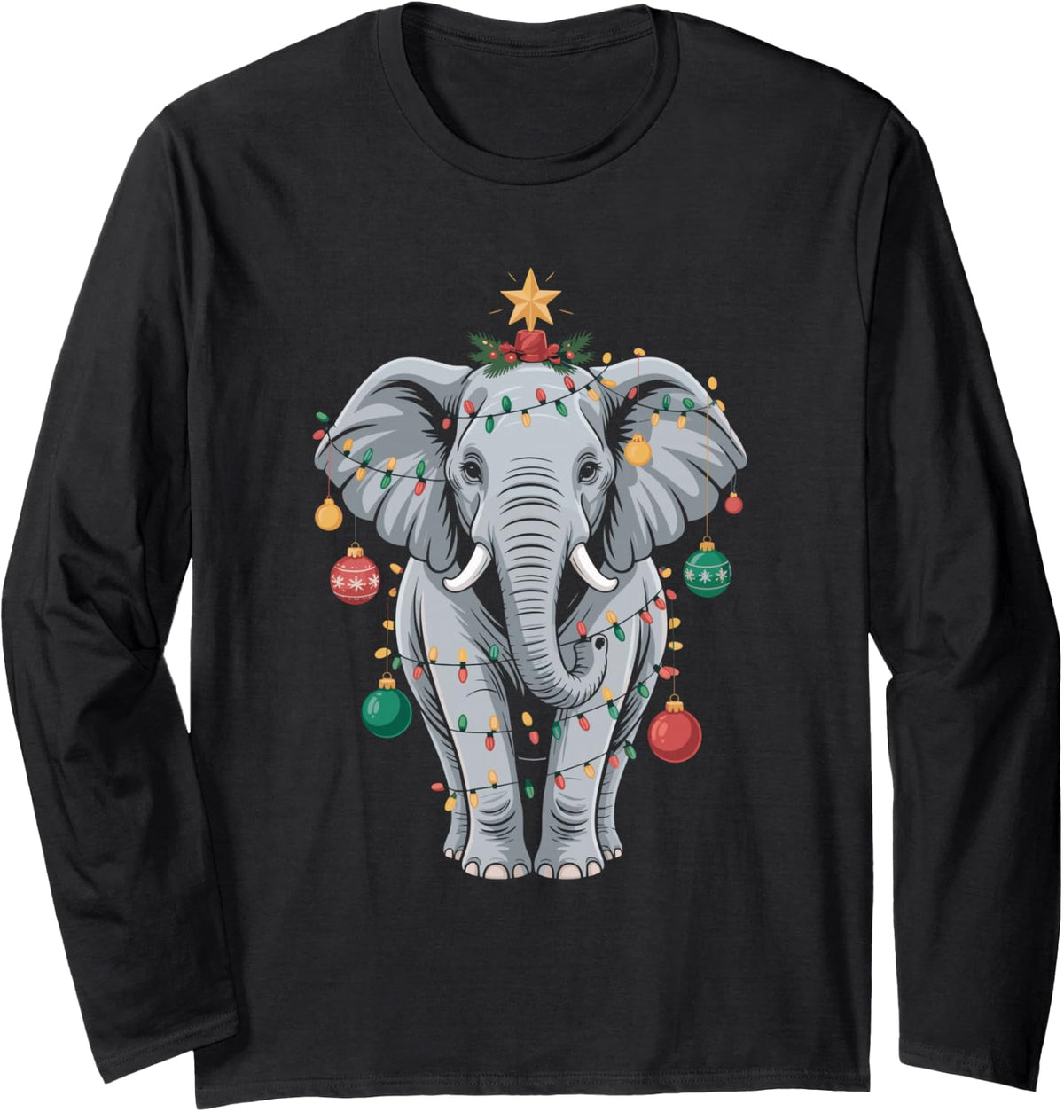 Elephant Christmas Tree Cute Holiday Lights Long Sleeve T-Shirt - Adult Unisex Black