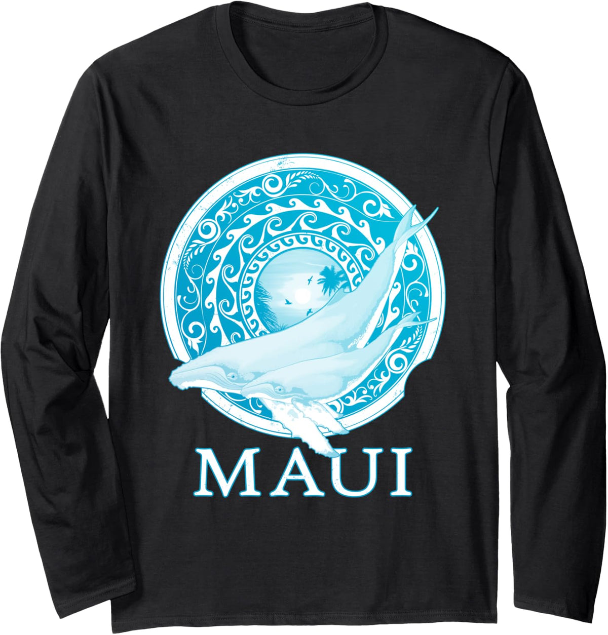 Humpback Whales Polynesian Design Maui Long Sleeve T-Shirt - Adult Unisex Black