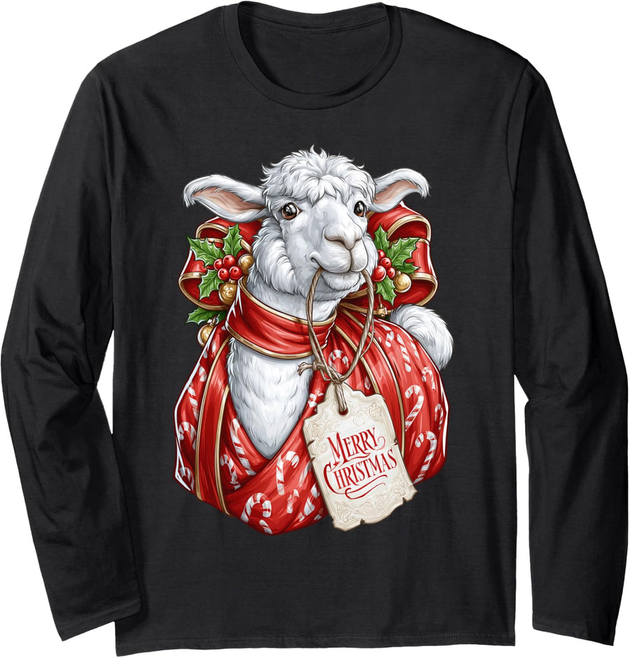 Alpaca Llama Candy Cane Wrapping Paper Present Holly Long Sleeve T-Shirt - Adult Unisex Black