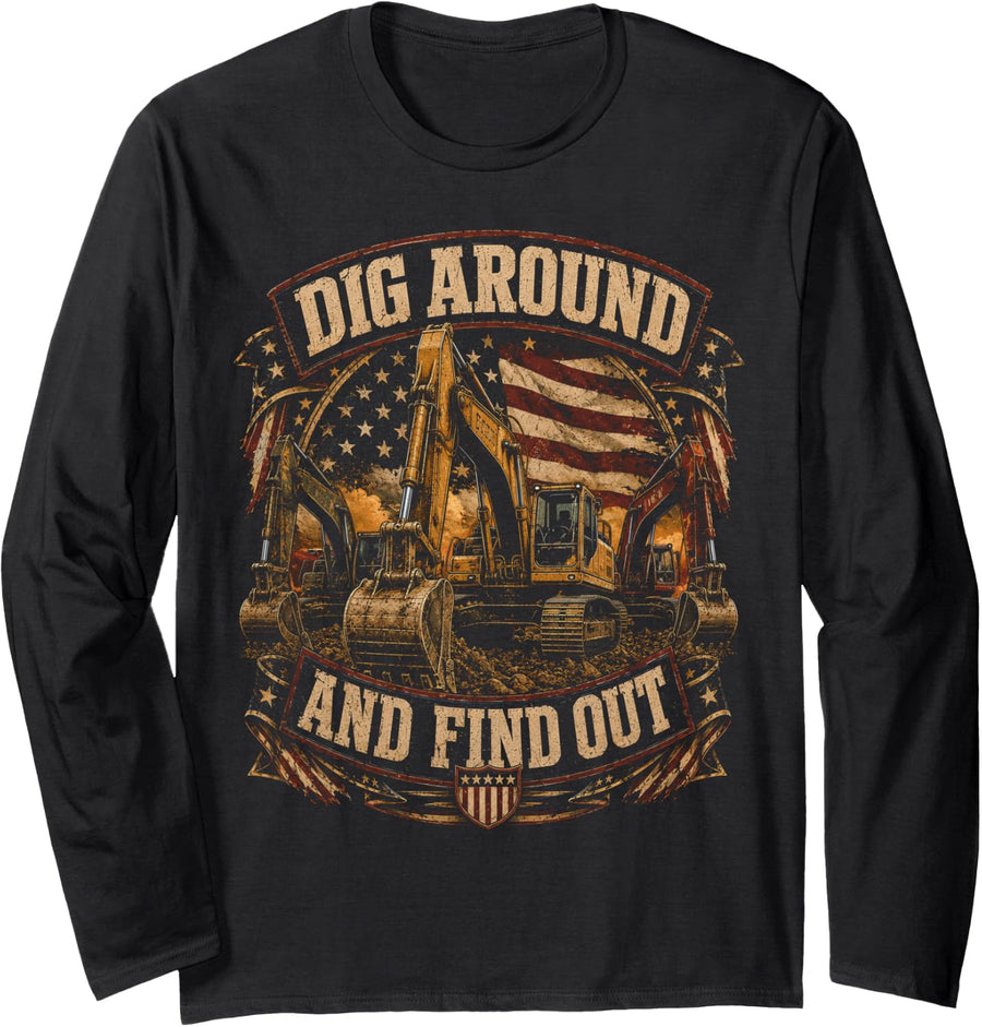 Heavy Equipment Operator Excavator Patriotic American Flag Long Sleeve T-Shirt - Adult Unisex Black