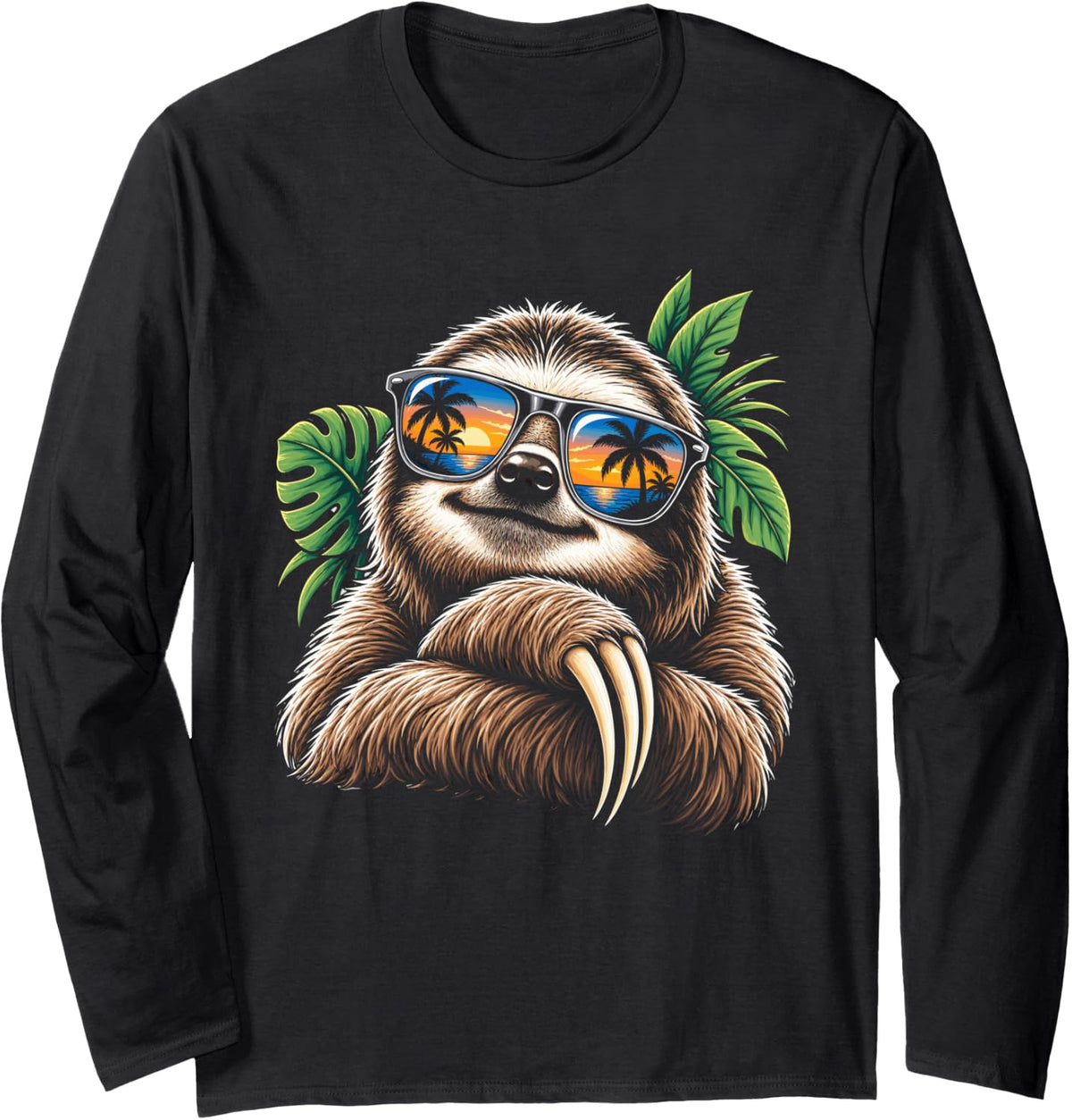 Relaxed Sloth with Retro Sunglasses Long Sleeve T-Shirt - Adult Unisex Black
