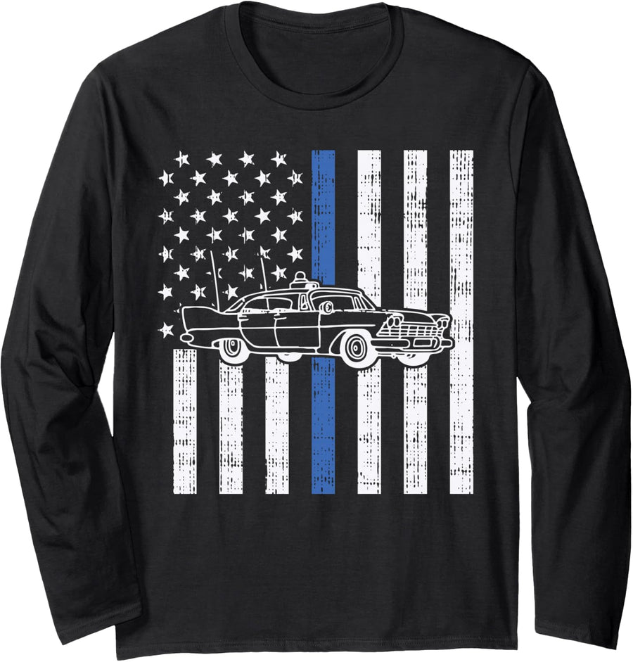 Thin Blue Line Police Car Shirt American Flag USA Support Long Sleeve T-Shirt - As Pictured