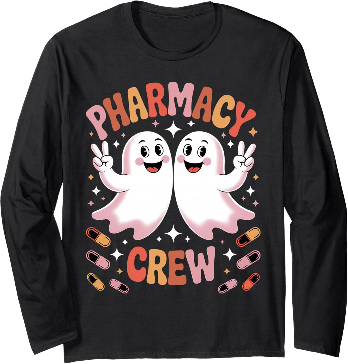 Pharmacist Halloween Pharmacy Shirts Spooky Pharmacy Crew Long Sleeve T-Shirt - Adult Unisex Black