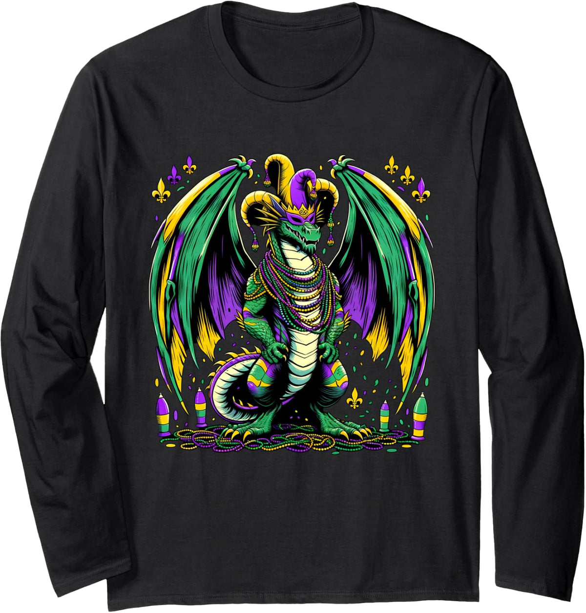 Mardi Gras Dragon Fools Long Sleeve T-Shirt - Adult Unisex Black