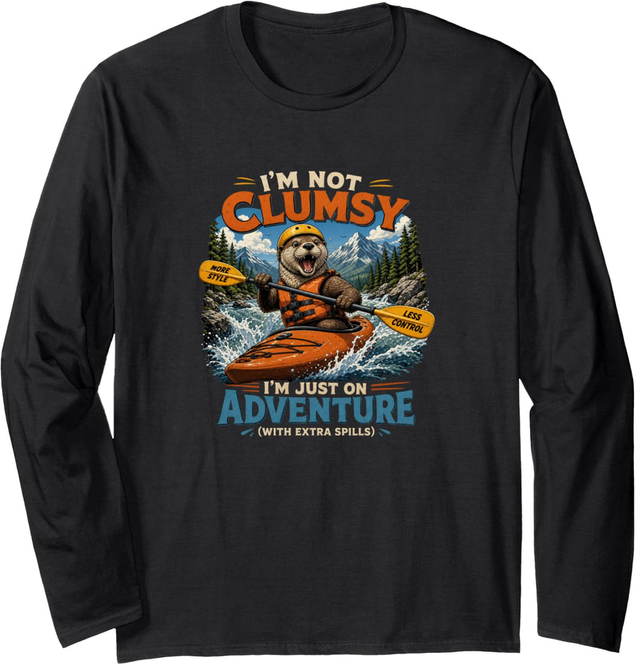 Otter Kayaking Adventure Clumsy Spills Paddling Humor Long Sleeve T-Shirt - Adult Unisex Black
