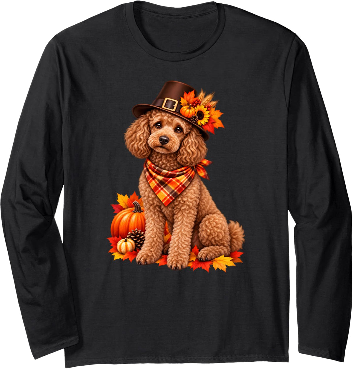 Thanksgiving Poodle Fall Dog Long Sleeve T-Shirt - Adult Unisex Black