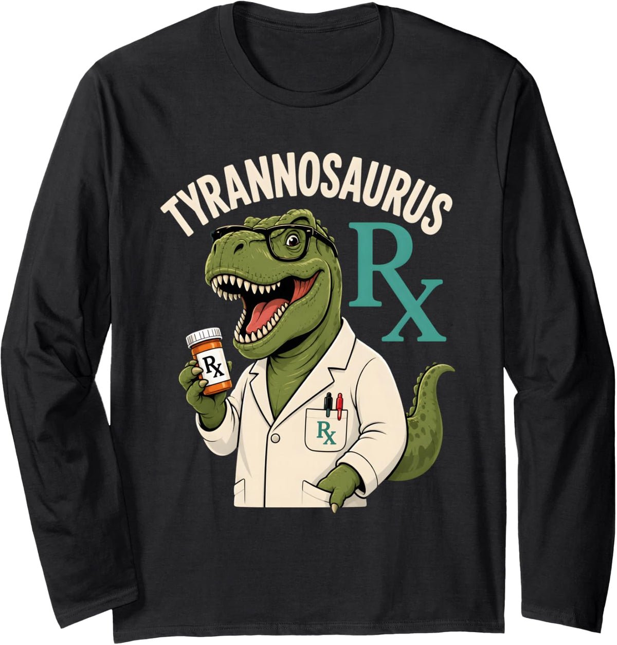 Funny Pharmacist Dinosaur Pharmacy Tech Long Sleeve T-Shirt - Adult Unisex Black
