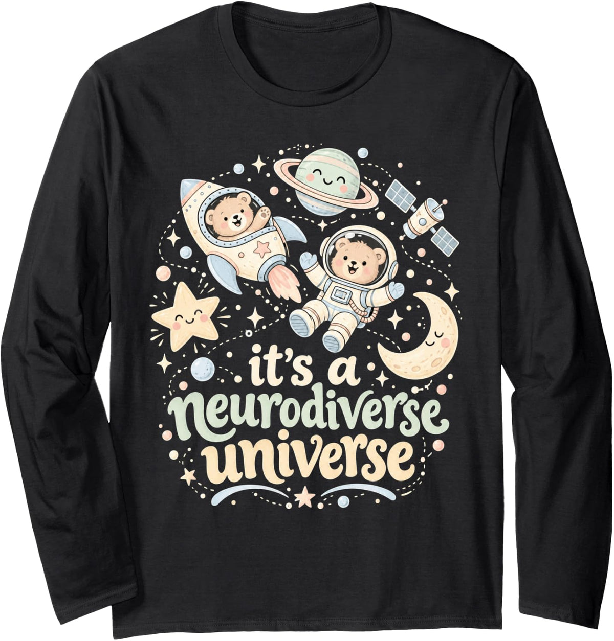 Neurodiversity Universe with Astronaut Bears and Moon Long Sleeve T-Shirt - Adult Unisex Black