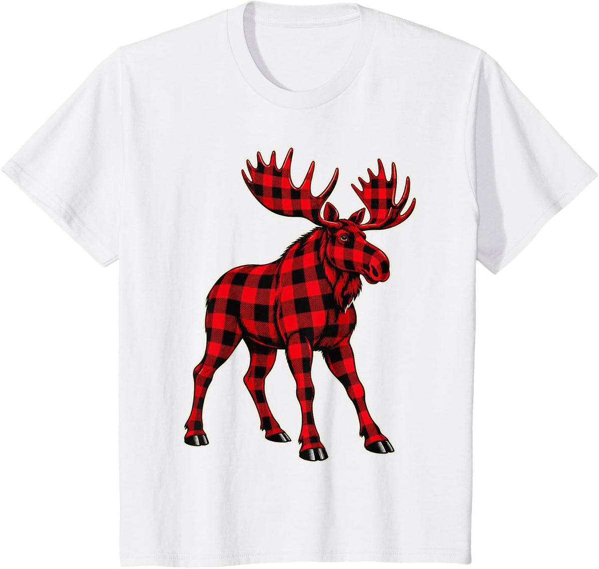 Moose Red Plaid Buffalo Check Holiday Artwork T-Shirt - White