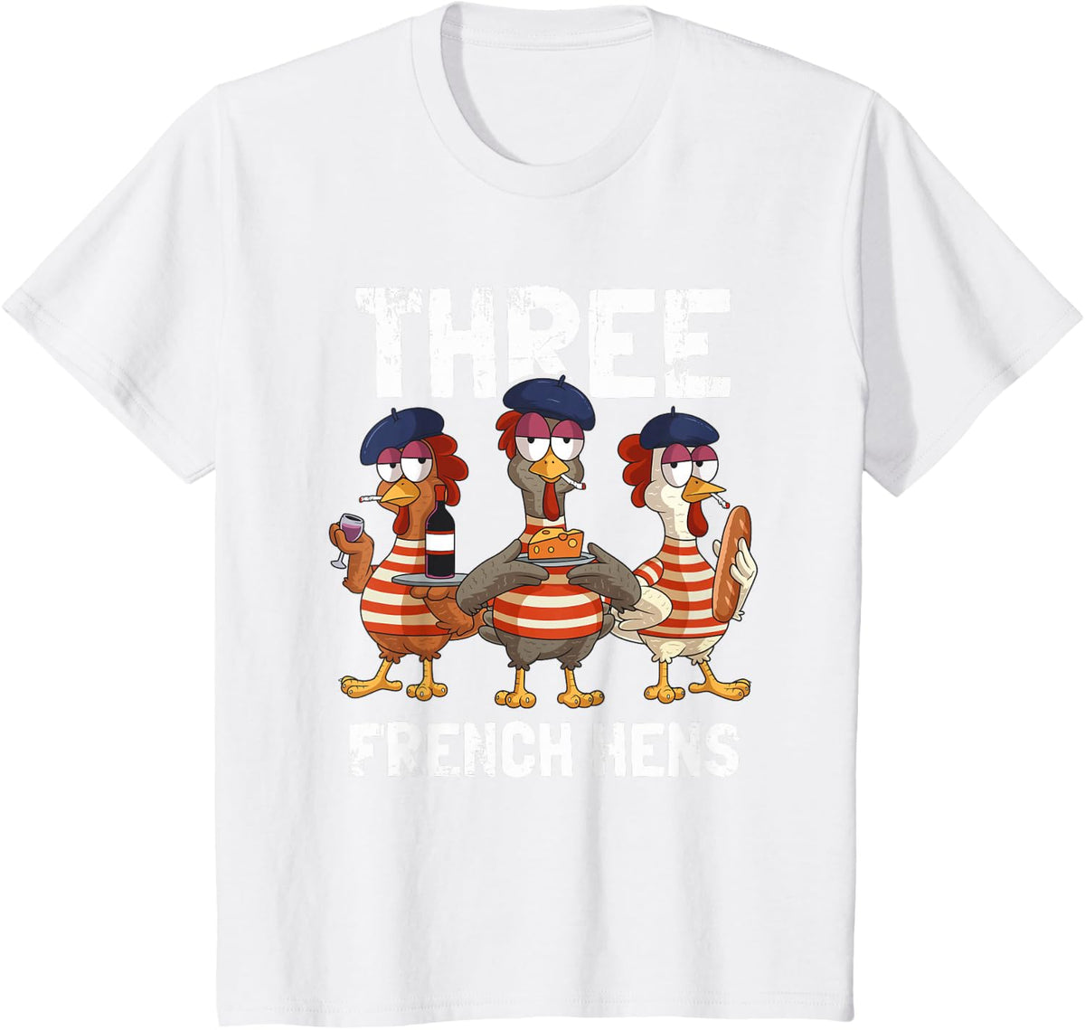 Be Kind Christmas Apparel Co. Three French Chickens Funny Christmas Carol Partridge Black Unisex-Adults T-Shirt - White
