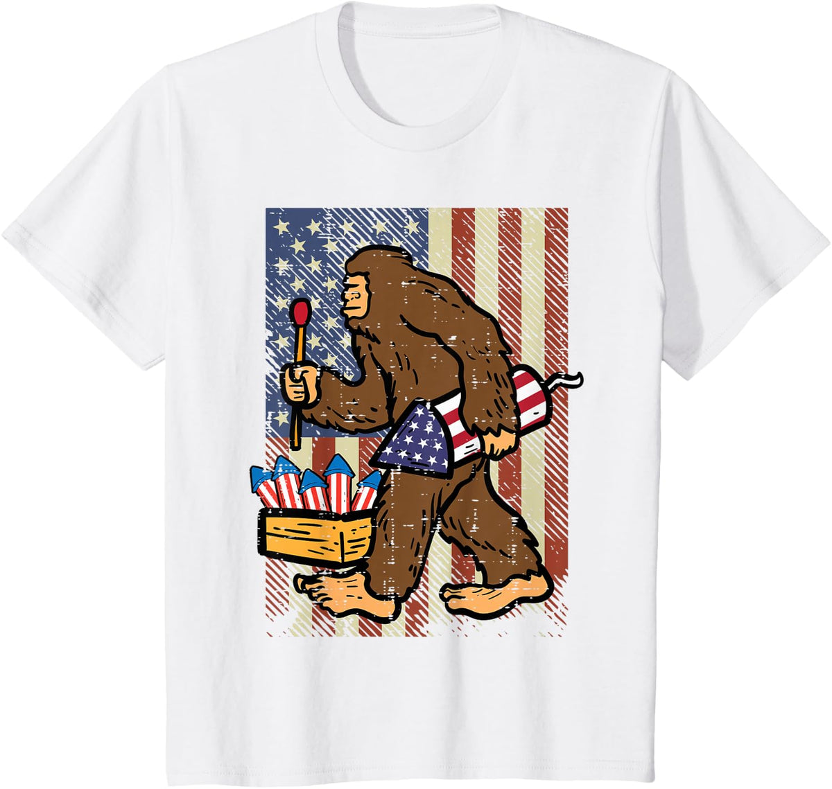 4th July Bigfoot Fireworks Sasquatch America Men Women Kids T-Shirt - White