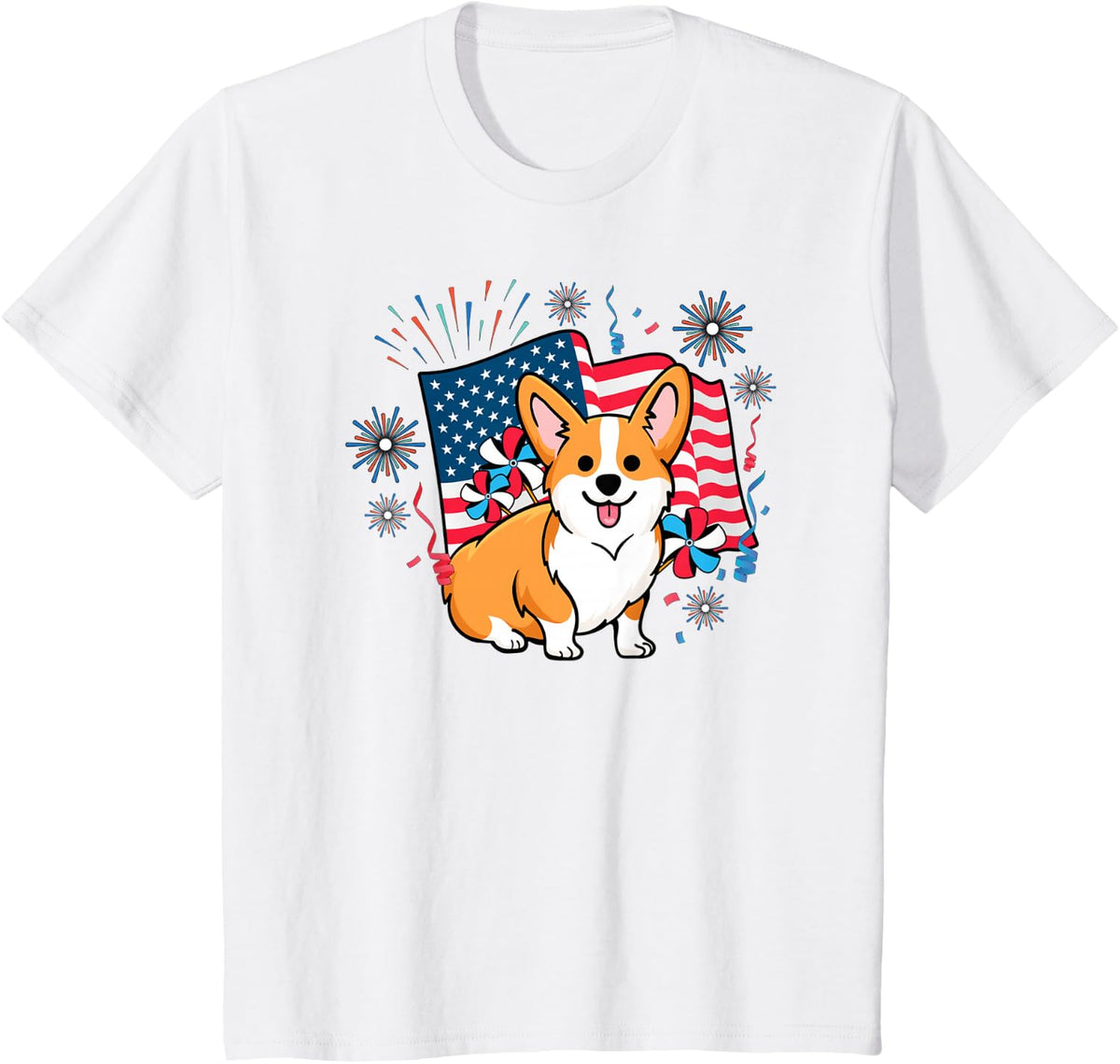 Corgi 4th of July American Flag Fireworks T-Shirt - White