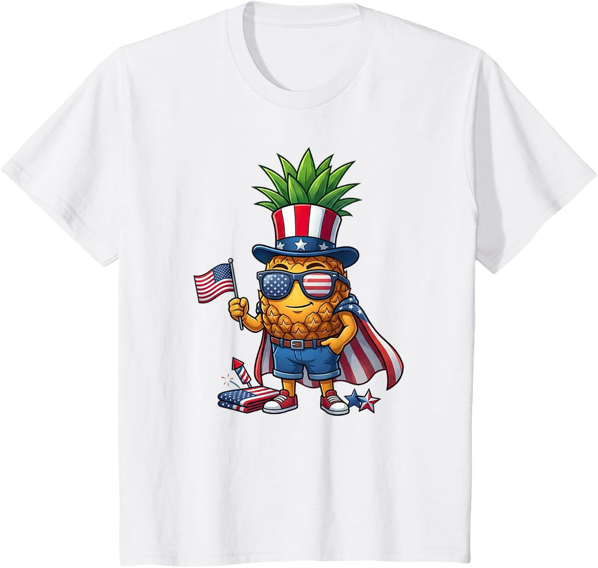 Funny Pineapple American USA Flag Memorial Day 4th of July T-Shirt - White