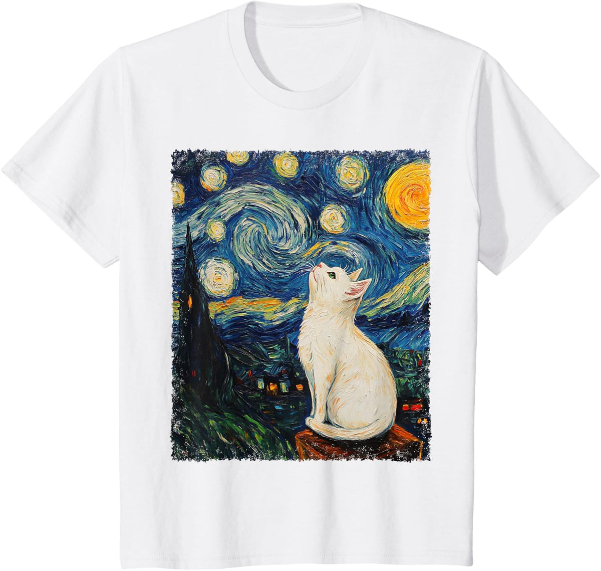 Modern Art Painting Van Gogh Starry Night White Cat T-Shirt - White
