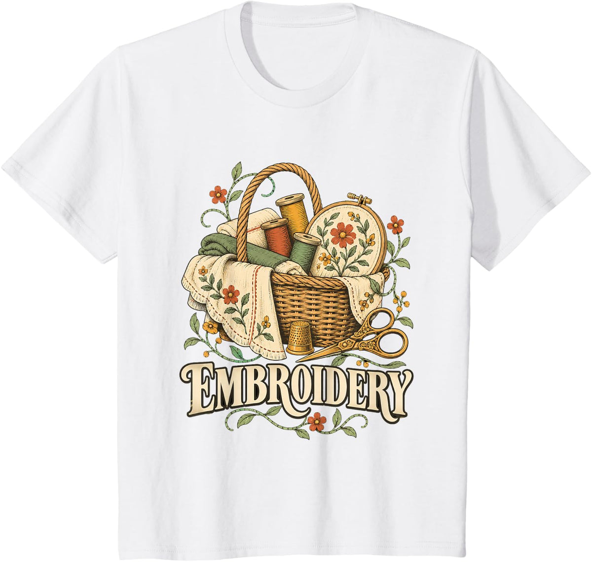 Embroidery Thread Basket Retro Illustration T-Shirt - White