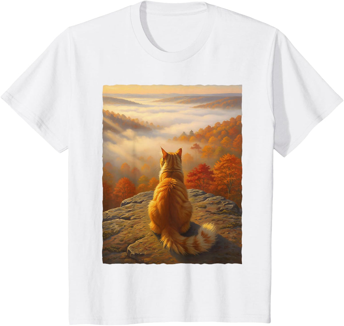 Ginger Cat Autumn Forest Mountain View Orange Tabby Nature T-Shirt - White