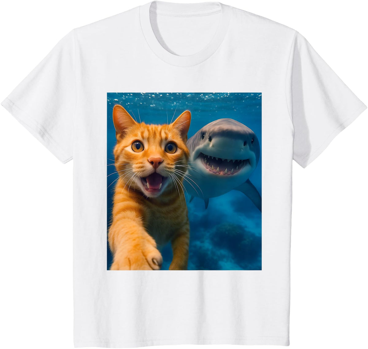 Funny Orange Tabby Cat Selfie with Shark Ocean Lovers T-Shirt - White