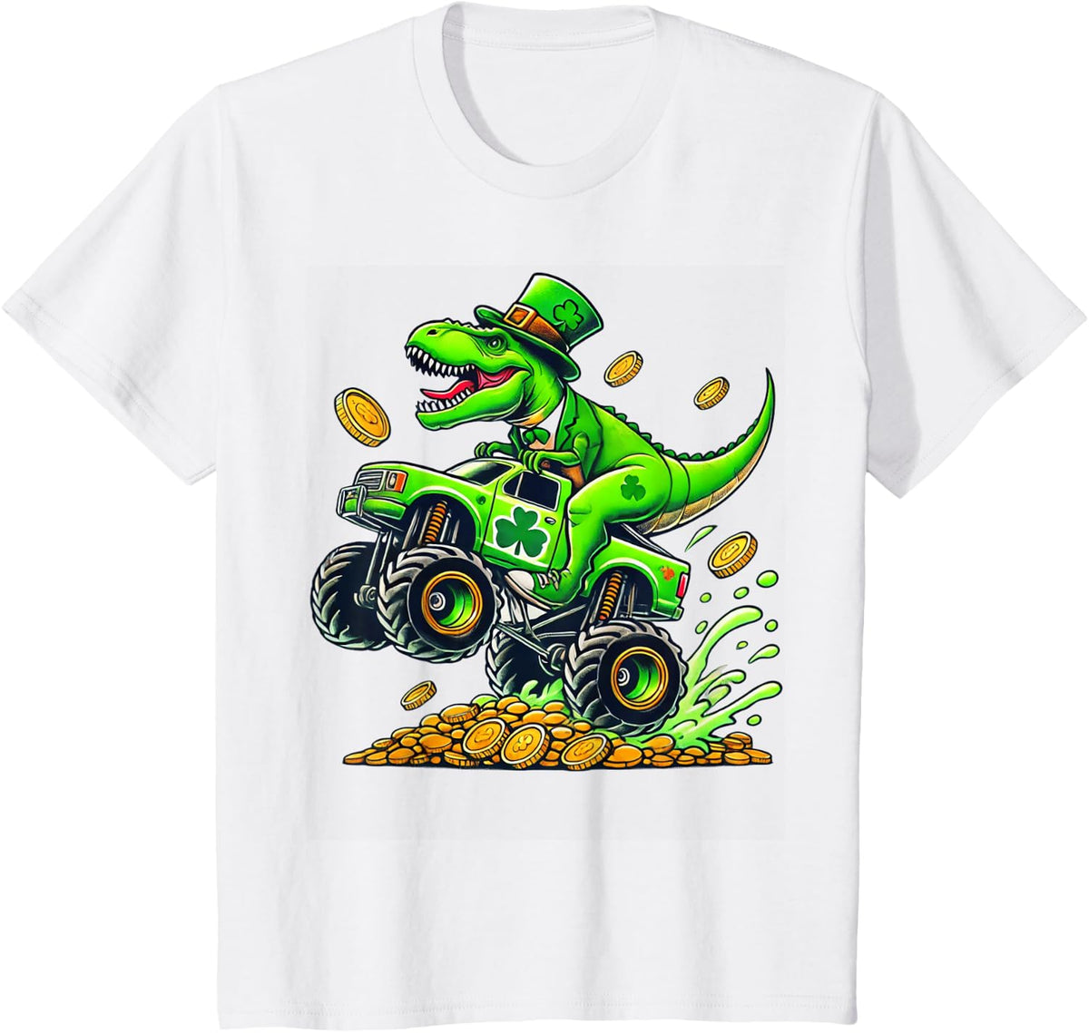 Boys Monster Truck T-rex Leprechaun St Patricks Day Kids T-Shirt - White