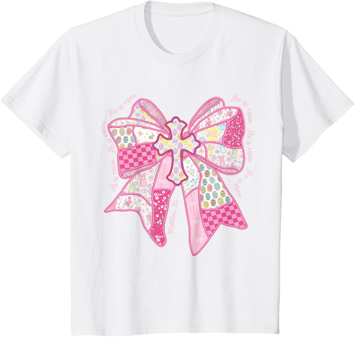 He is Risen Christian Cross Jesus Coquette Bow Bunny Easter T-Shirt - White