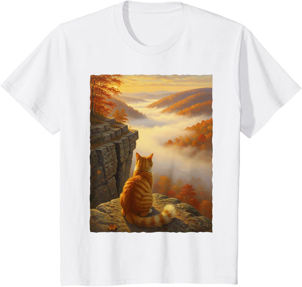 Orange Tabby Cat Fall Mountain Sunrise Autumn Foliage Art T-Shirt - White