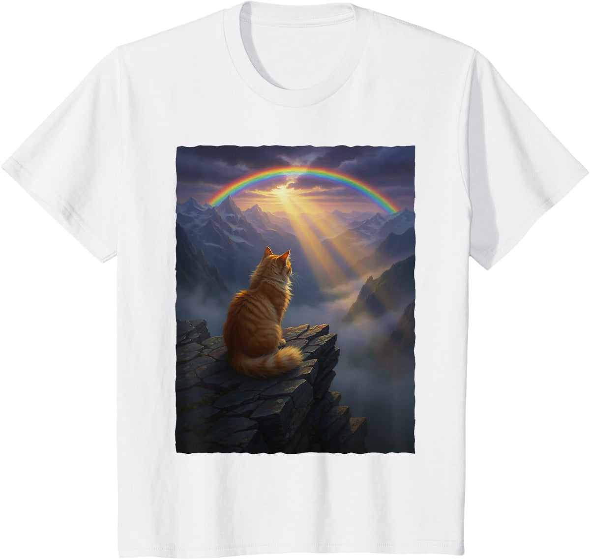 Orange Tabby Ginger Cat Rainbow Mountain Sunset Landscape T-Shirt - White