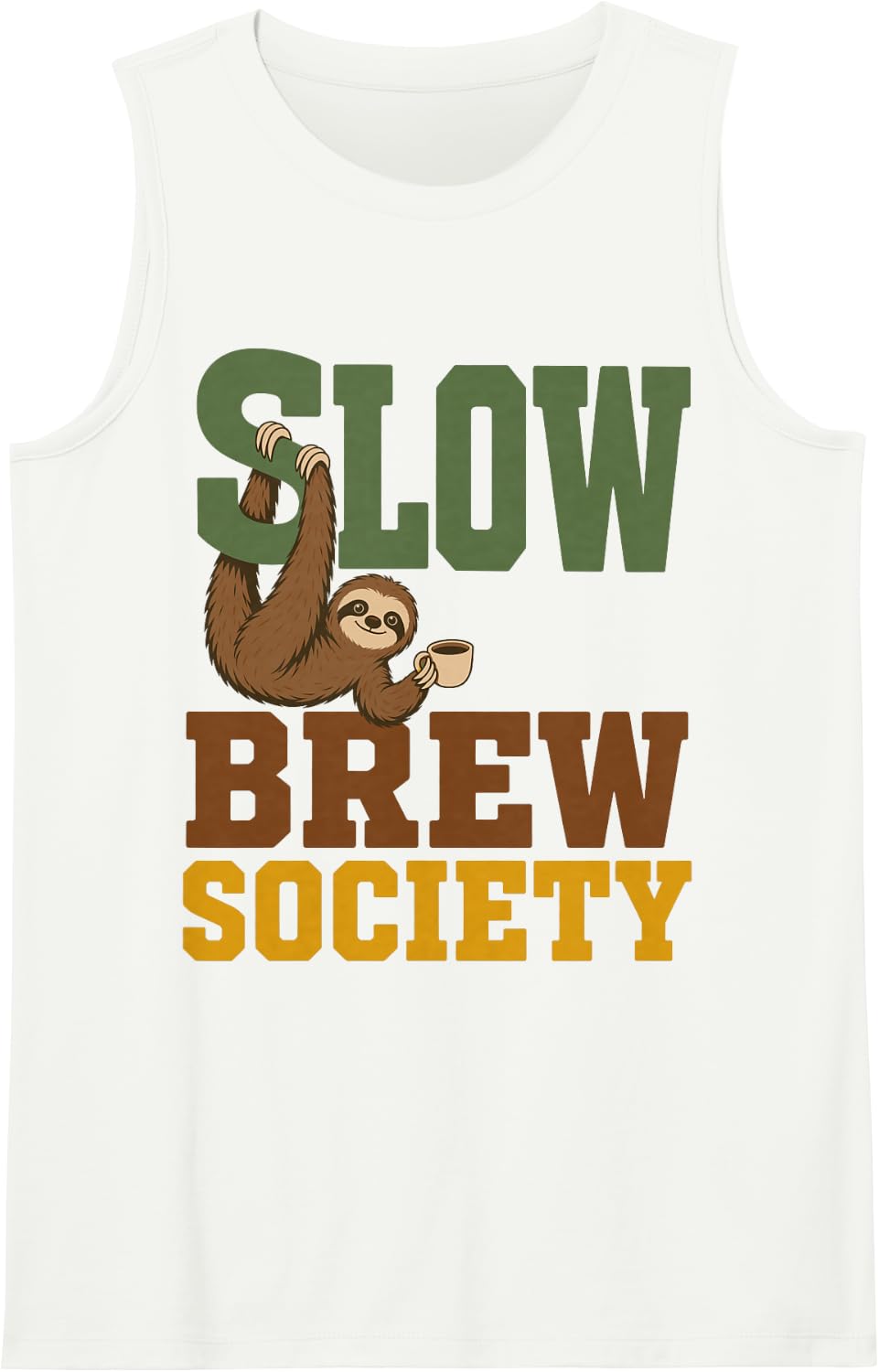 Slow Brew Society Funny Sloth Coffee Sleeveless Tank Top - White